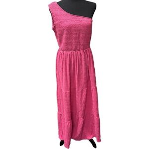 Solution L Pink One Shoulder Smocked Maxi Dress Summer Resort